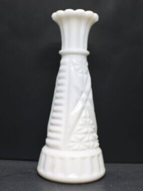 White Milk Glass Vase Diamond Ribbed Pattern 6.5" Height Bud Vase Glossy Vintage